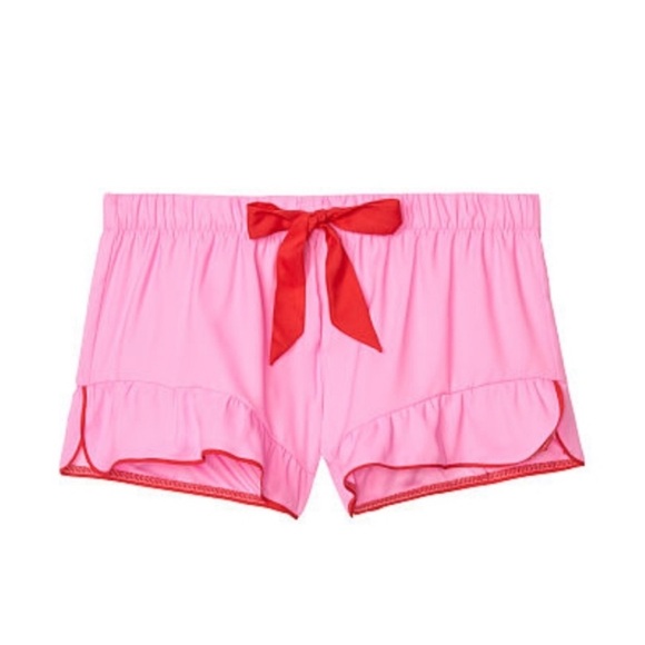 Victoria's secret sleep shorts pink satin red drawstring ruffled pajama bottoms - Picture 2 of 6